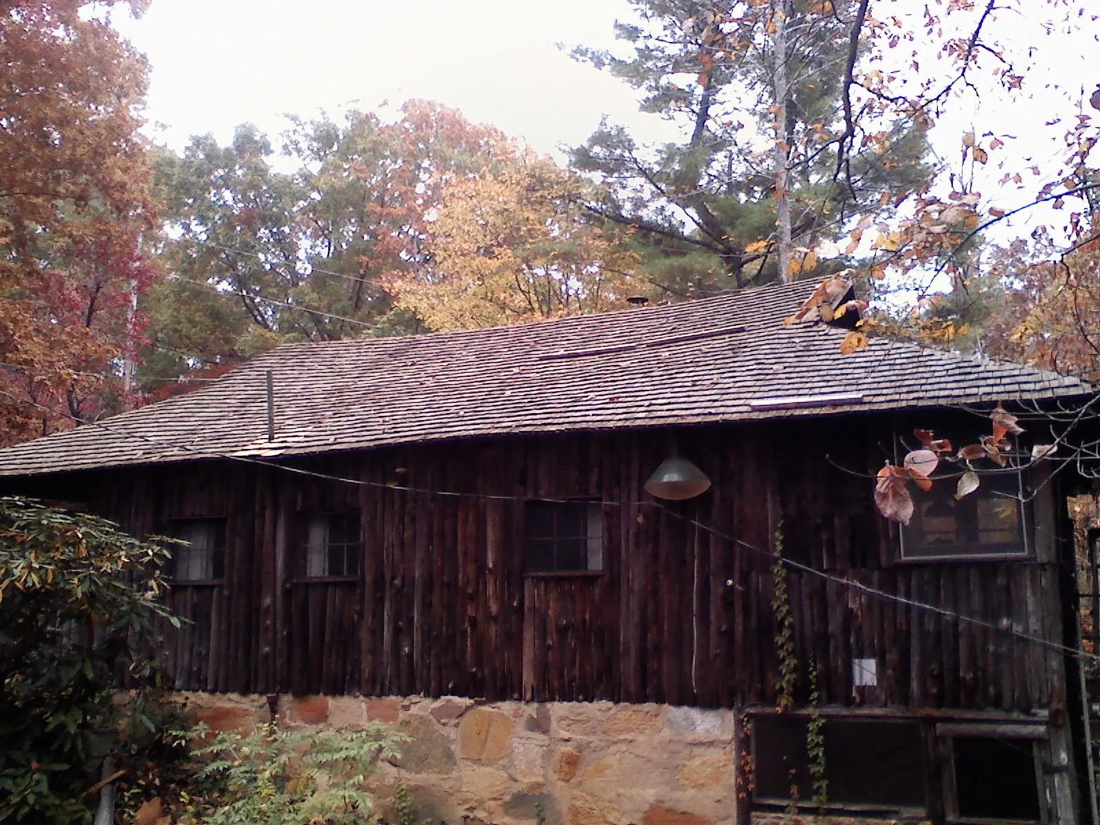 Weathered wood shake roof on a rustic board sided cabin in Henrietta
